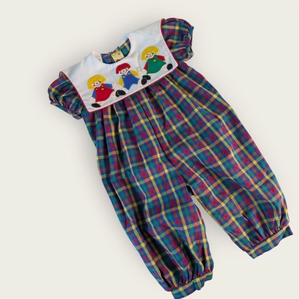 Vintage Ashton Connor Plaid Romper Bib Collar Character Embroidery USA 18M
